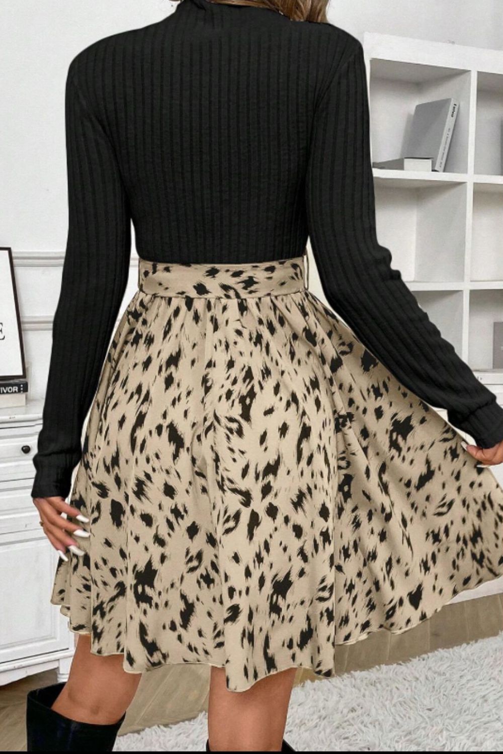 Printed Tie Waist Mock Neck Long Sleeve Dress - Classique Collection
