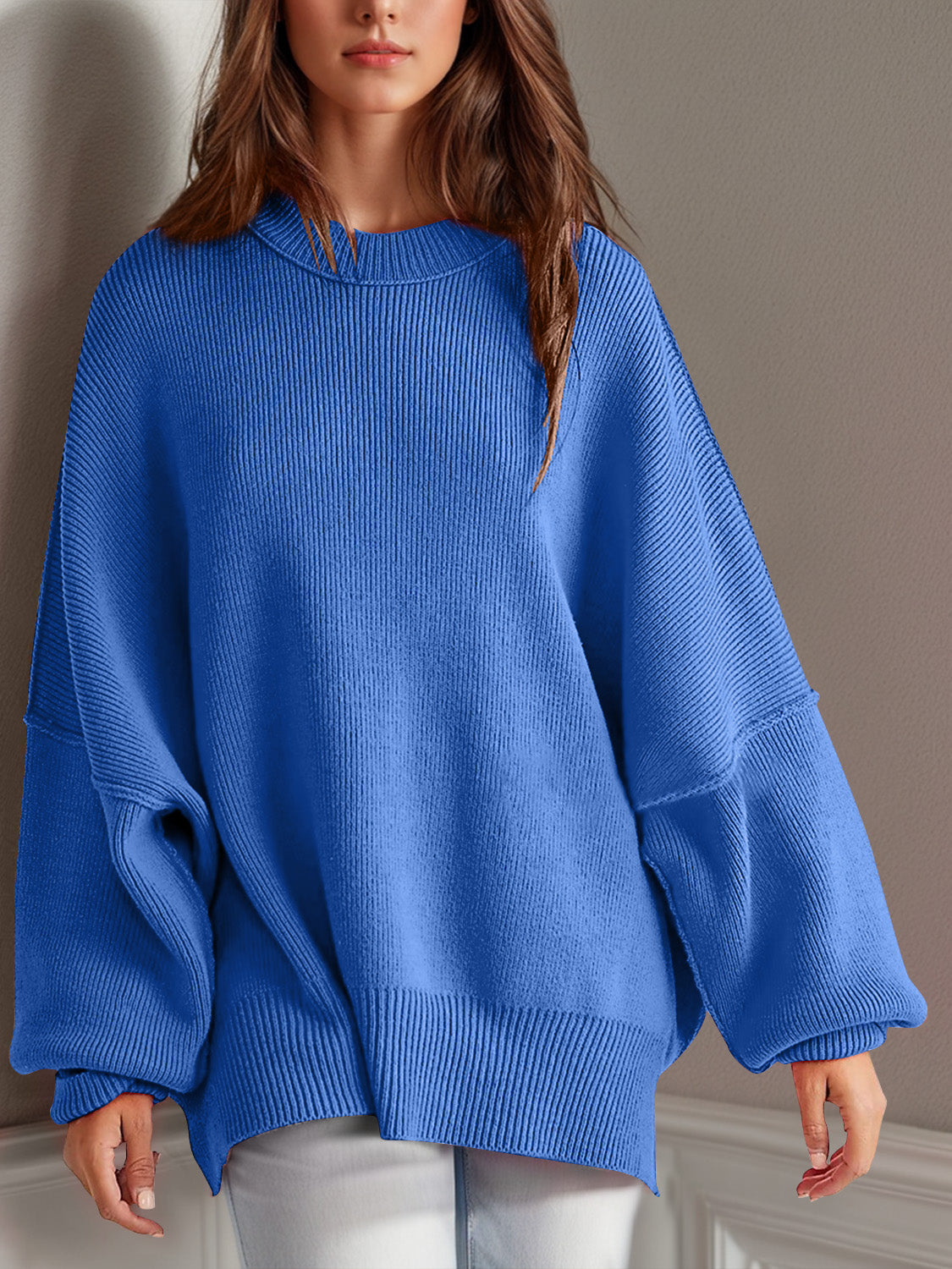 Double Take Side Slit Round Neck Long Sleeve Sweater - ClassiQ