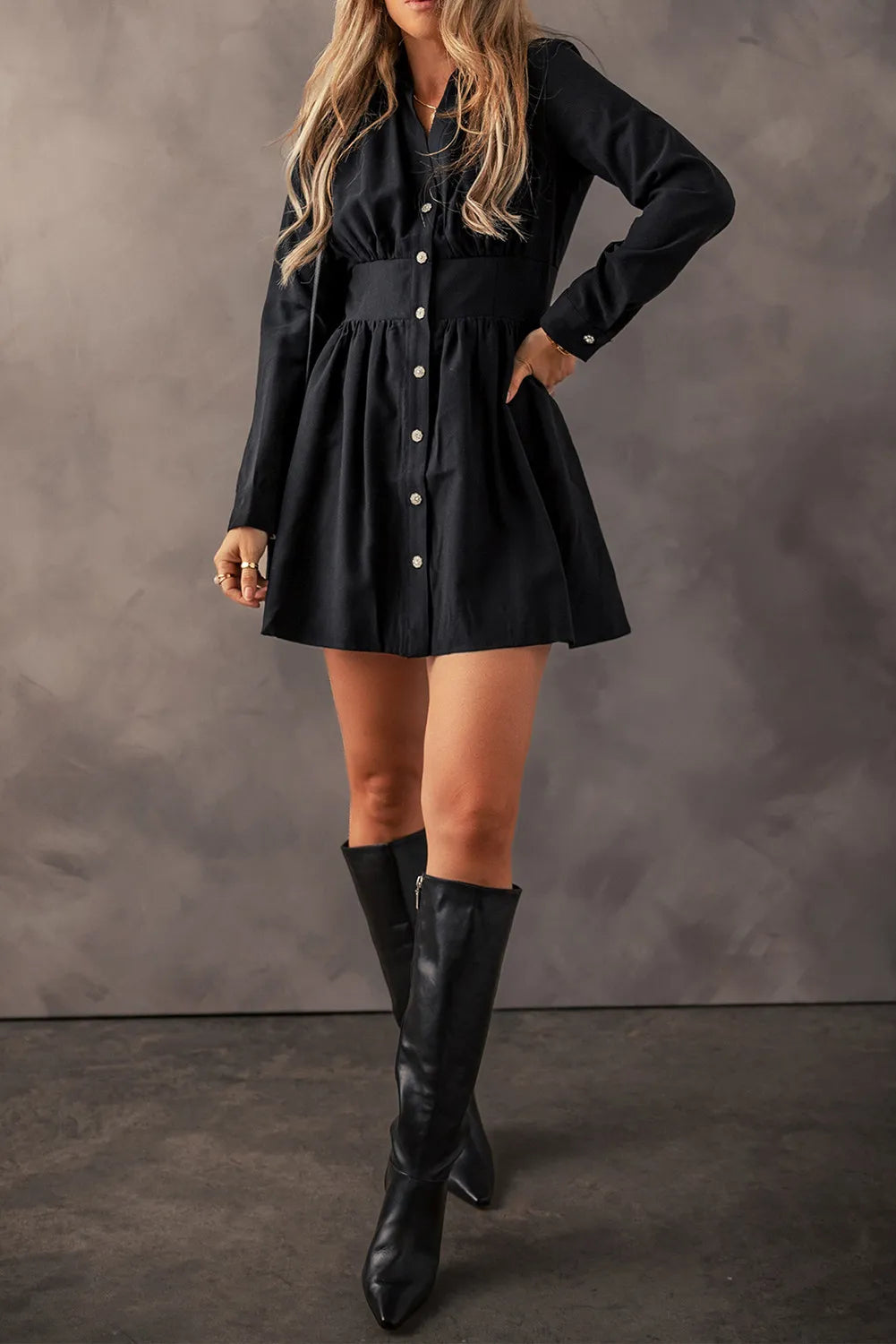 Ruched Button Up Long Sleeve Dress - Classique Collection