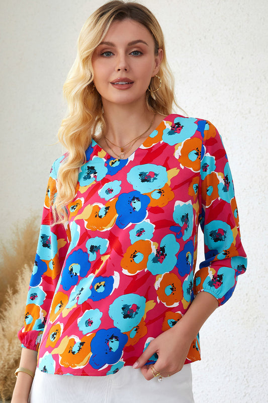 Floral V-Neck Three-Quarter Sleeve Top - Classique Collection