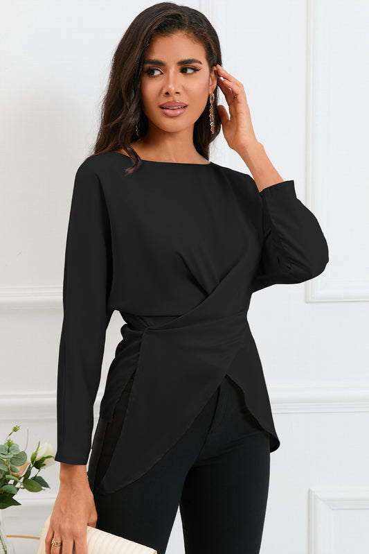 Boat Neck Back Tie Long Sleeve Satin Blouse - Classique Collection