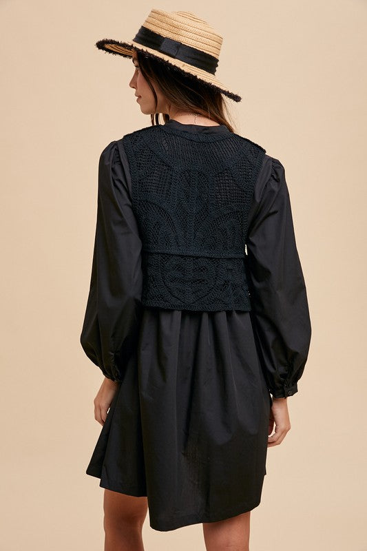 Annie Wear Crochet Vest Notched Long Sleeve Shirt Dress - ClassiQ