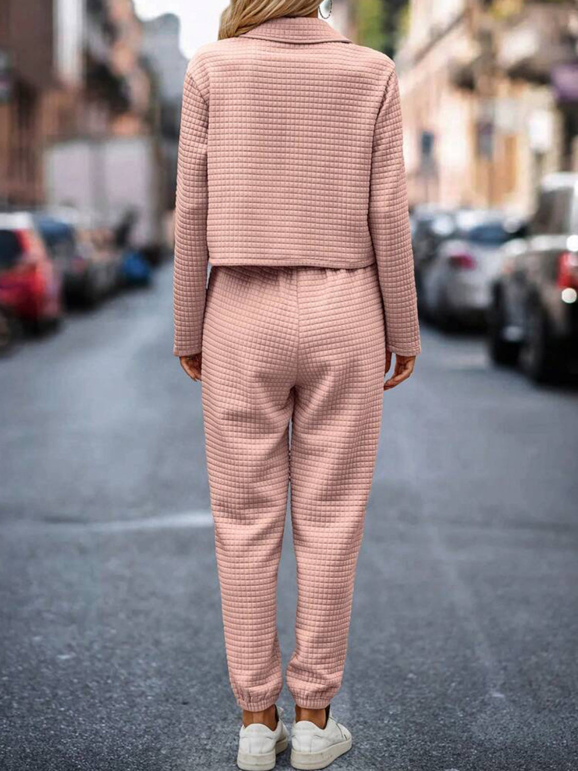 Plaid Texture Snap Down Top and Pants Set - ClassiQ