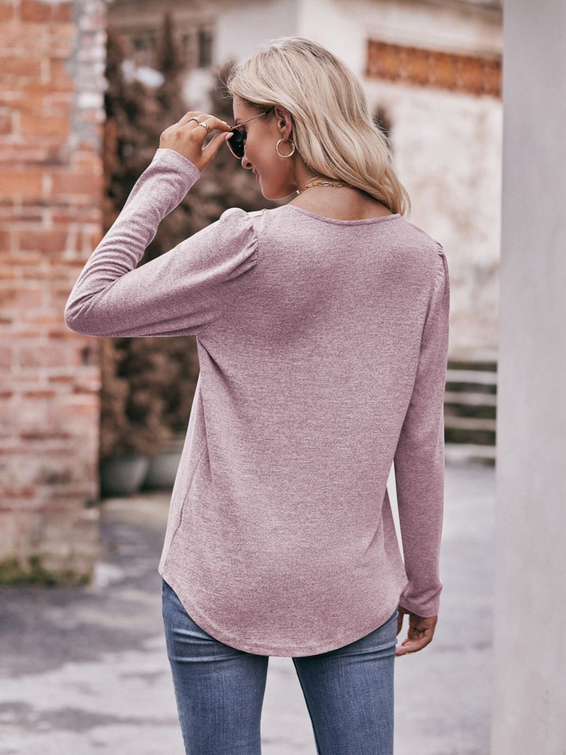 Mandy Pleated Detail Curved Hem Long Sleeve Top - ClassiQ