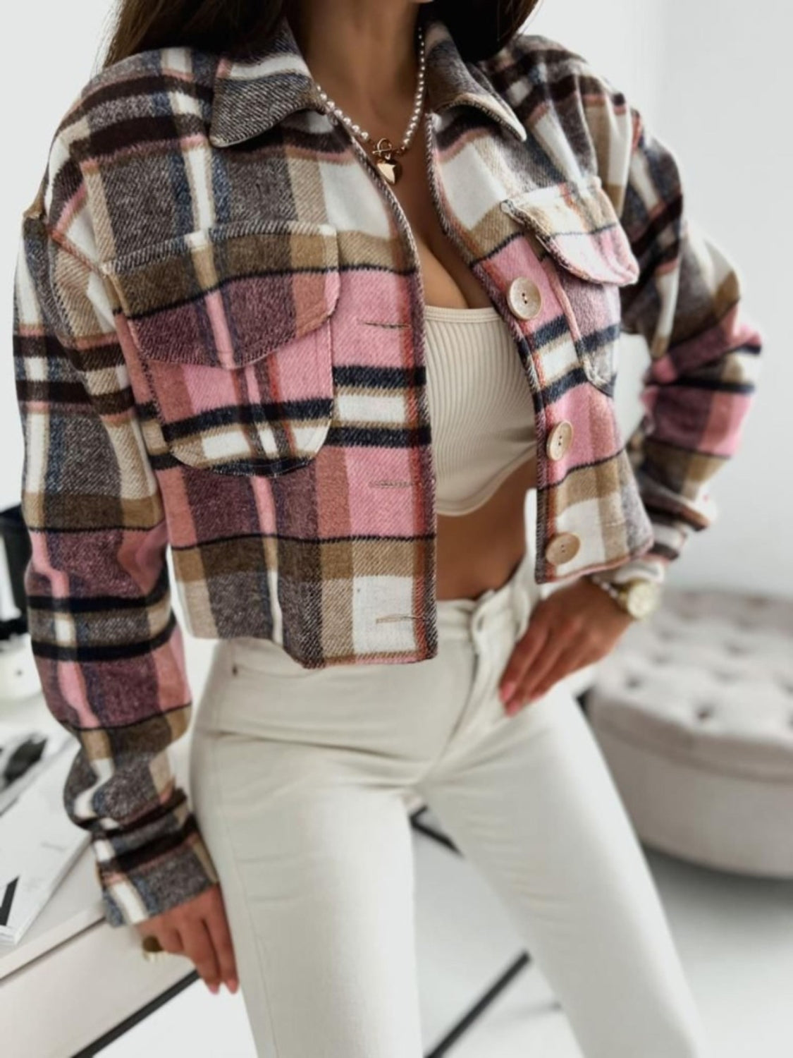 Pocketed Collared Neck Long Sleeve Plaid Jacket - Classique Collection