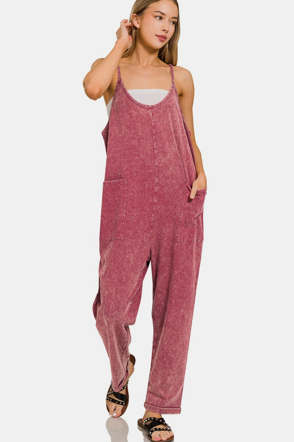 Zenana Washed Spaghetti Straps Overalls with Pockets - ClassiQ