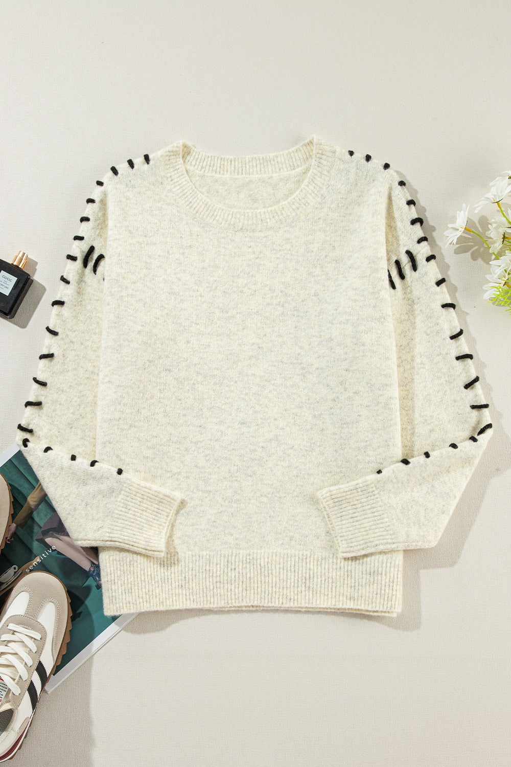 Contrast Stitch Detail Ribbed Trim Sweater - Classique Collection