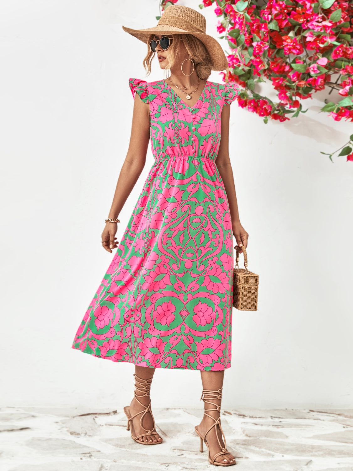 Printed V-Neck Cap Sleeve Dress - Classique Collection