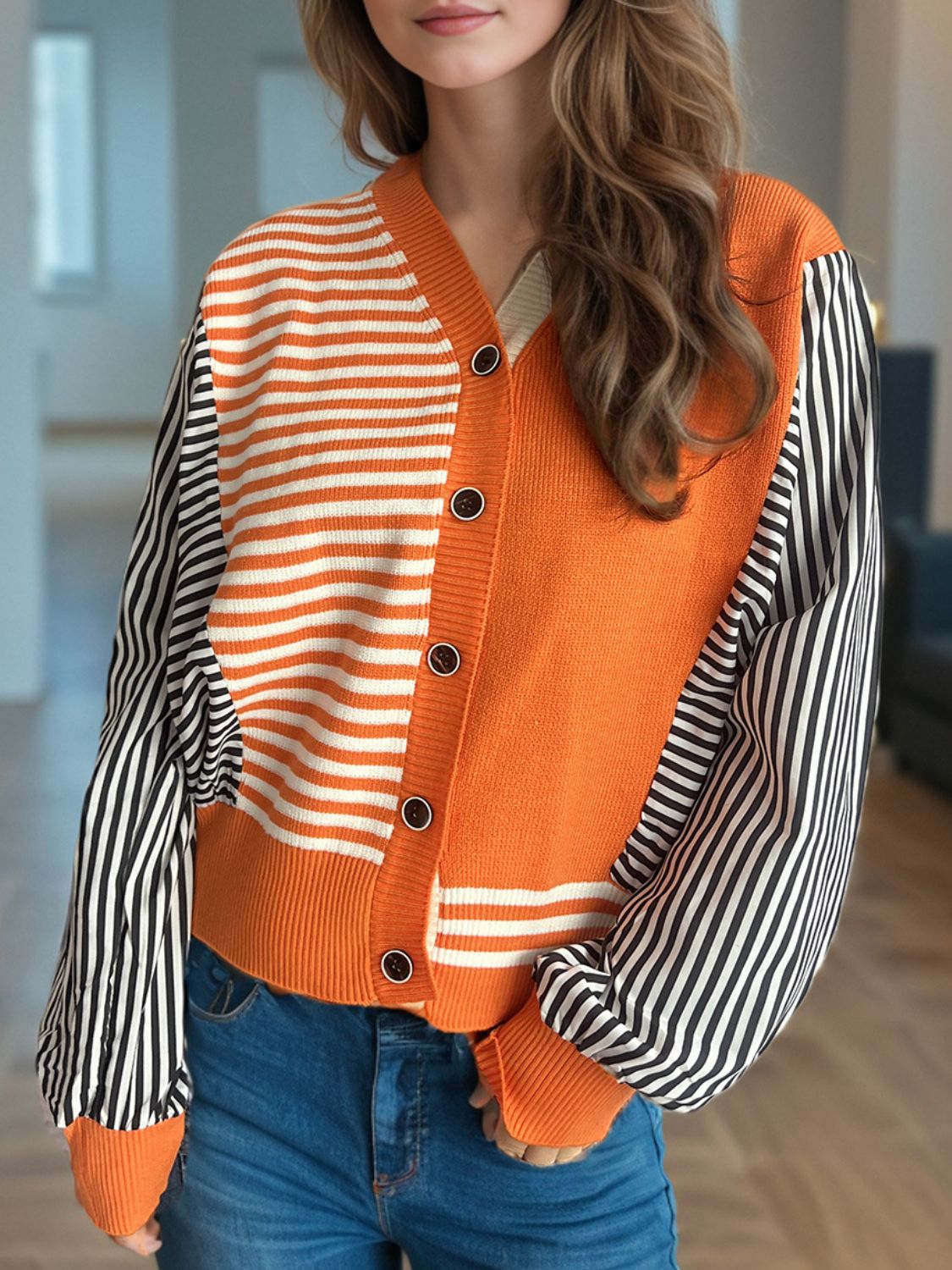 Striped Button Down Long Sleeve Cardigan - ClassiQ