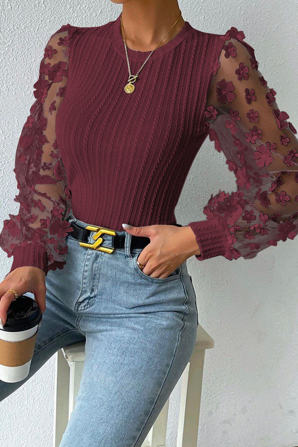 Textured Applique Long Sleeve Blouse - Classique Collection