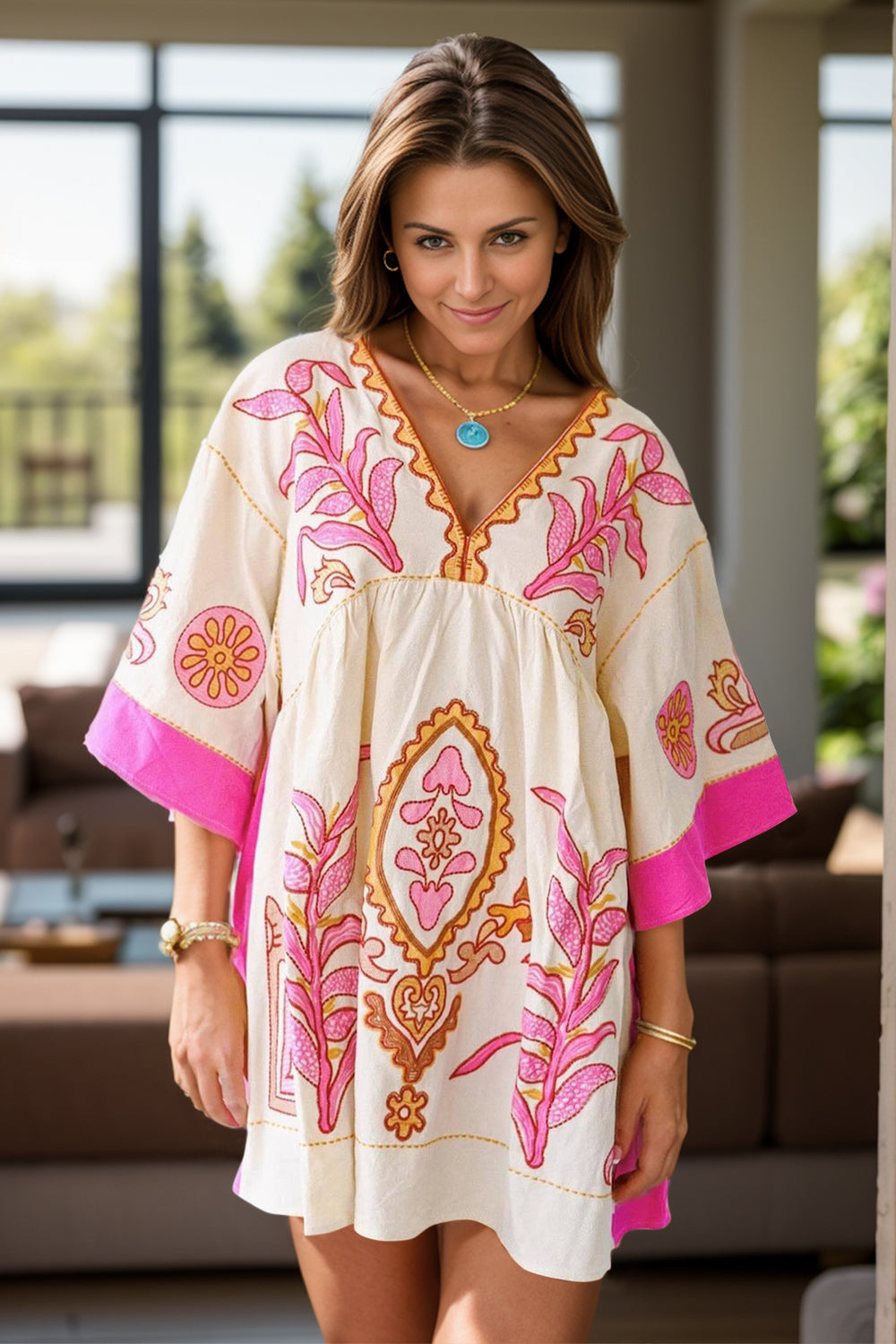 Printed V-Neck Three-Quarter Sleeve Mini Dress - Classique Collection