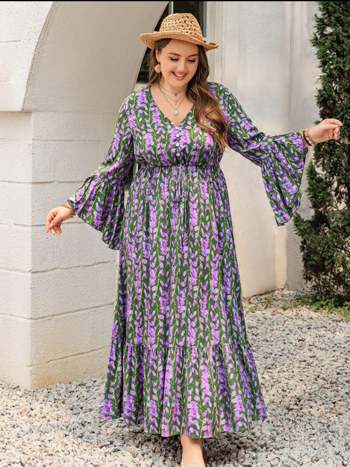 Plus Size Printed V-Neck Long Sleeve Maxi Dress - Classique Collection