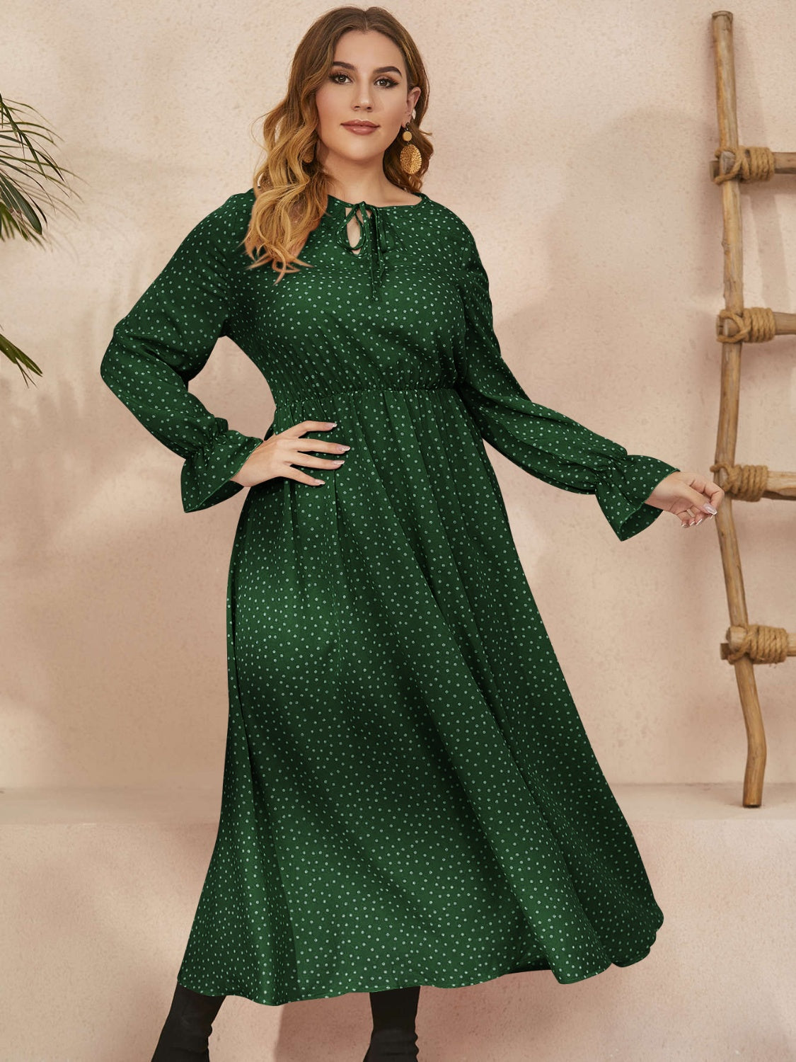 Honey Plus Size Ruffled Polka Dot Long Sleeve Midi Dress - Classique Collection