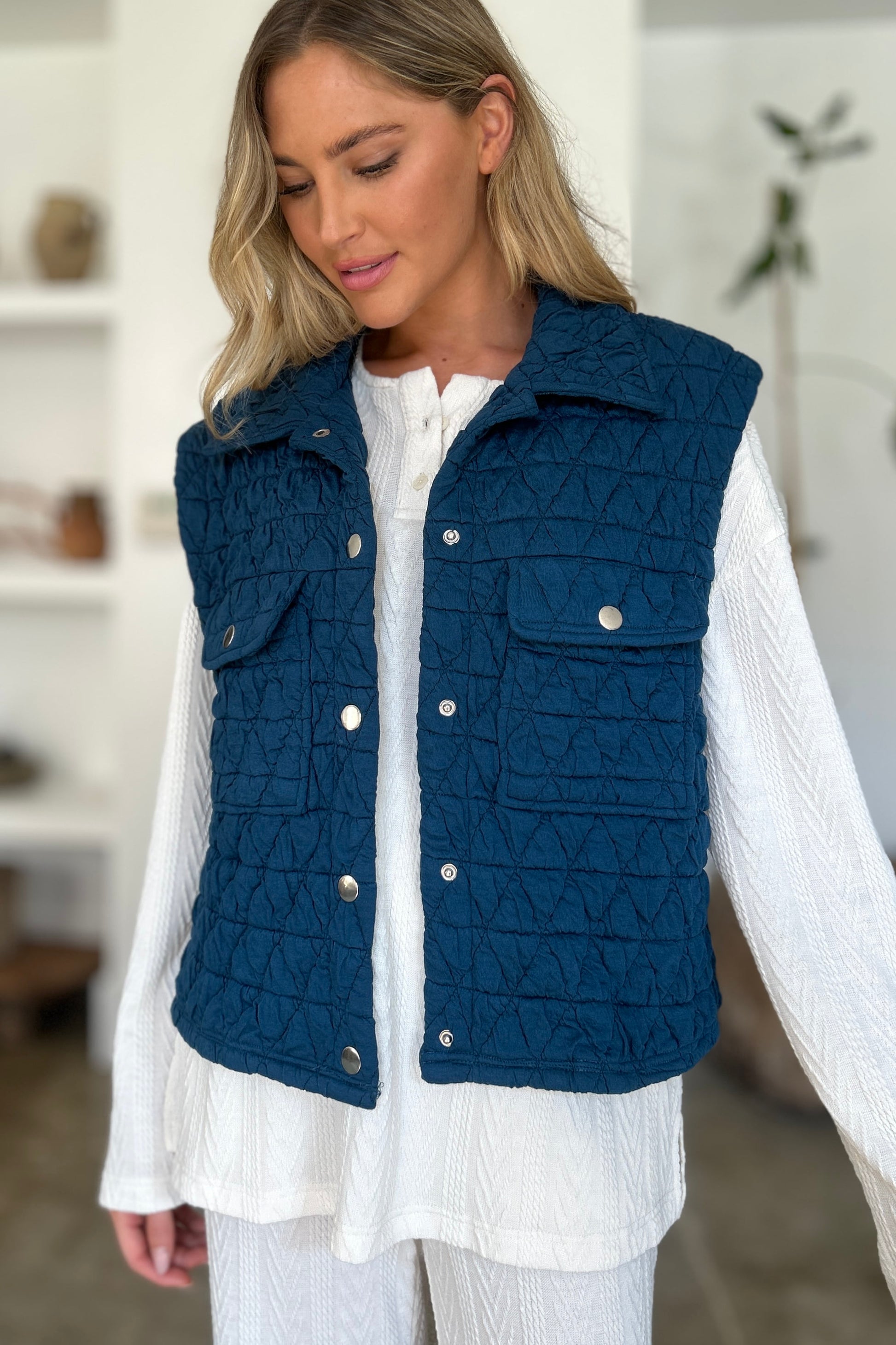 Double Take Full Size Pocketed Texture Snap Down Vest Coat - Classique Collection