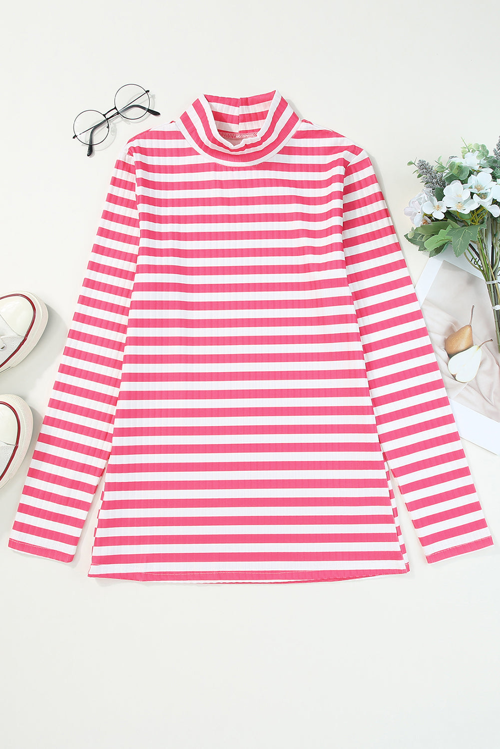 Striped Mock Neck Long Sleeve Top - Classique Collection