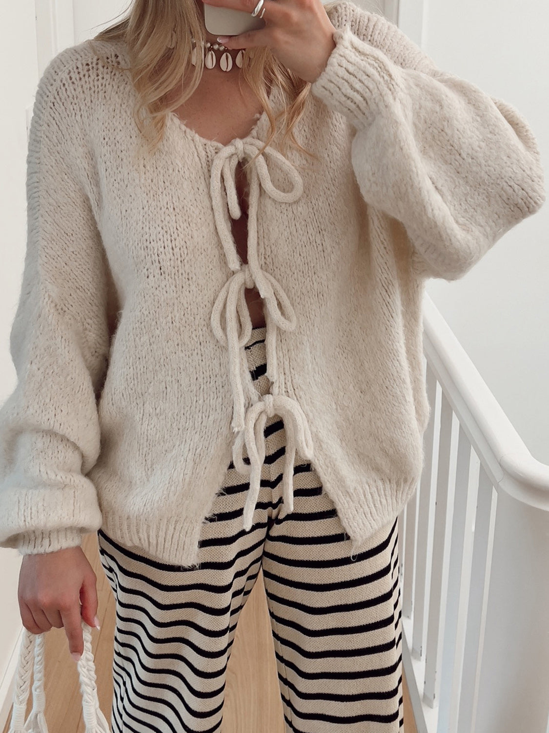 Tied Long Sleeve Dropped Shoulder Cardigan - ClassiQ