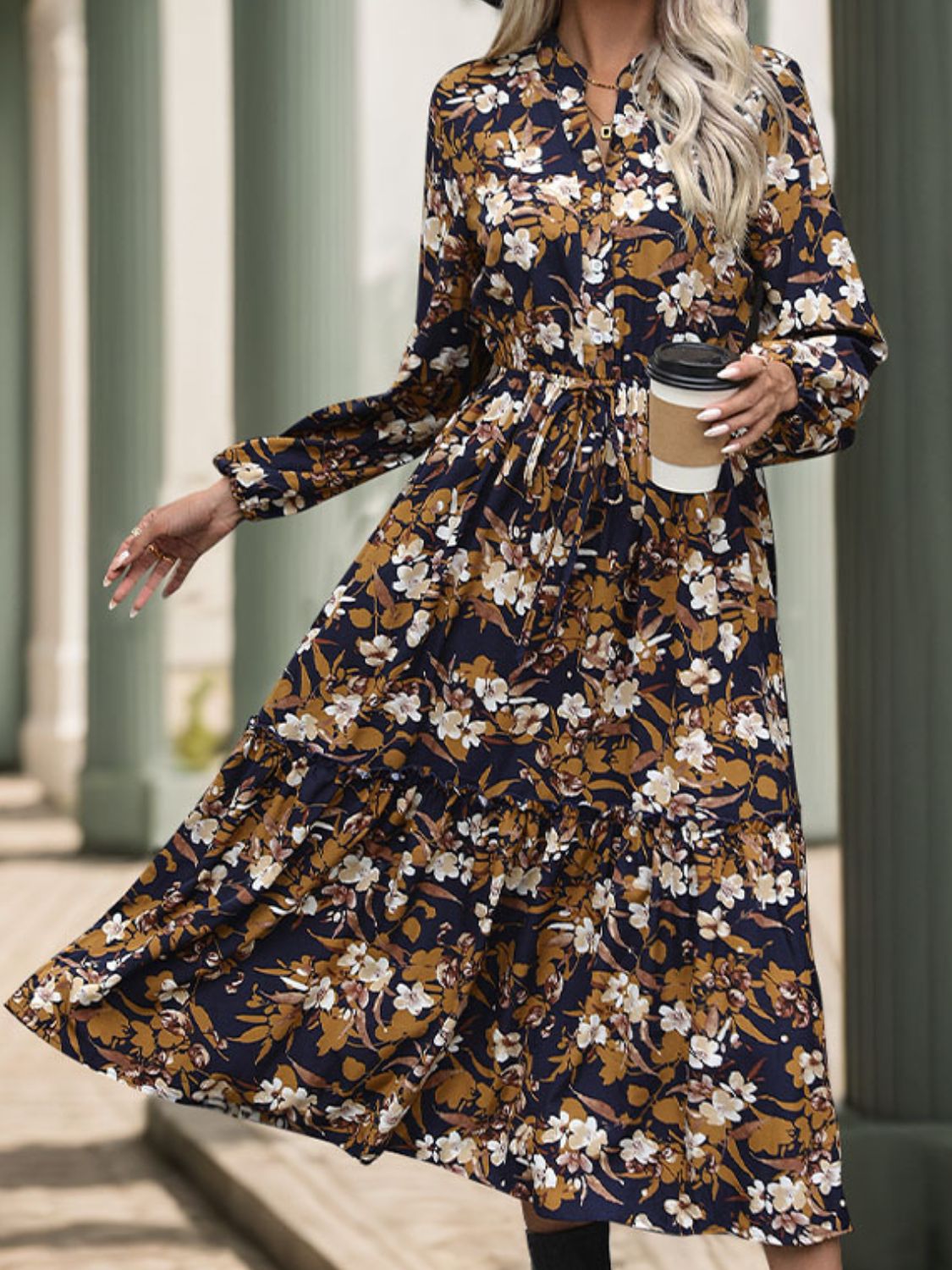 Perfee Printed Notched Long Sleeve Midi Dress - Classique Collection