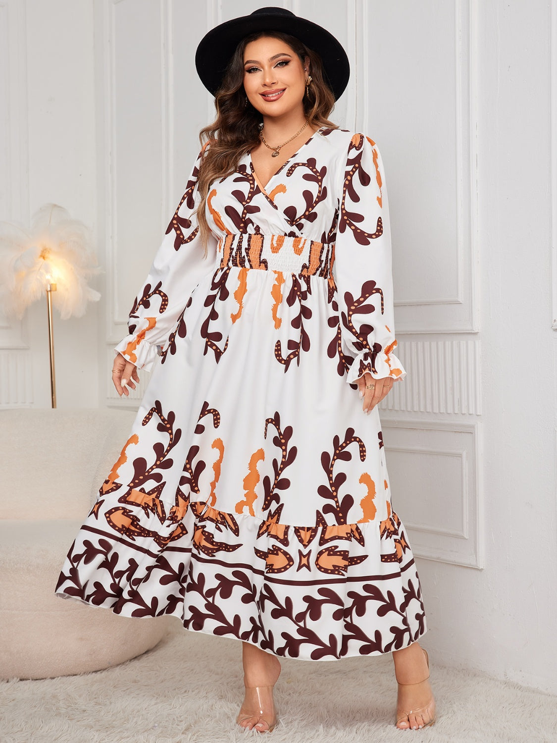 Honey Plus Size Printed Surplice Flounce Sleeve Dress - Classique Collection