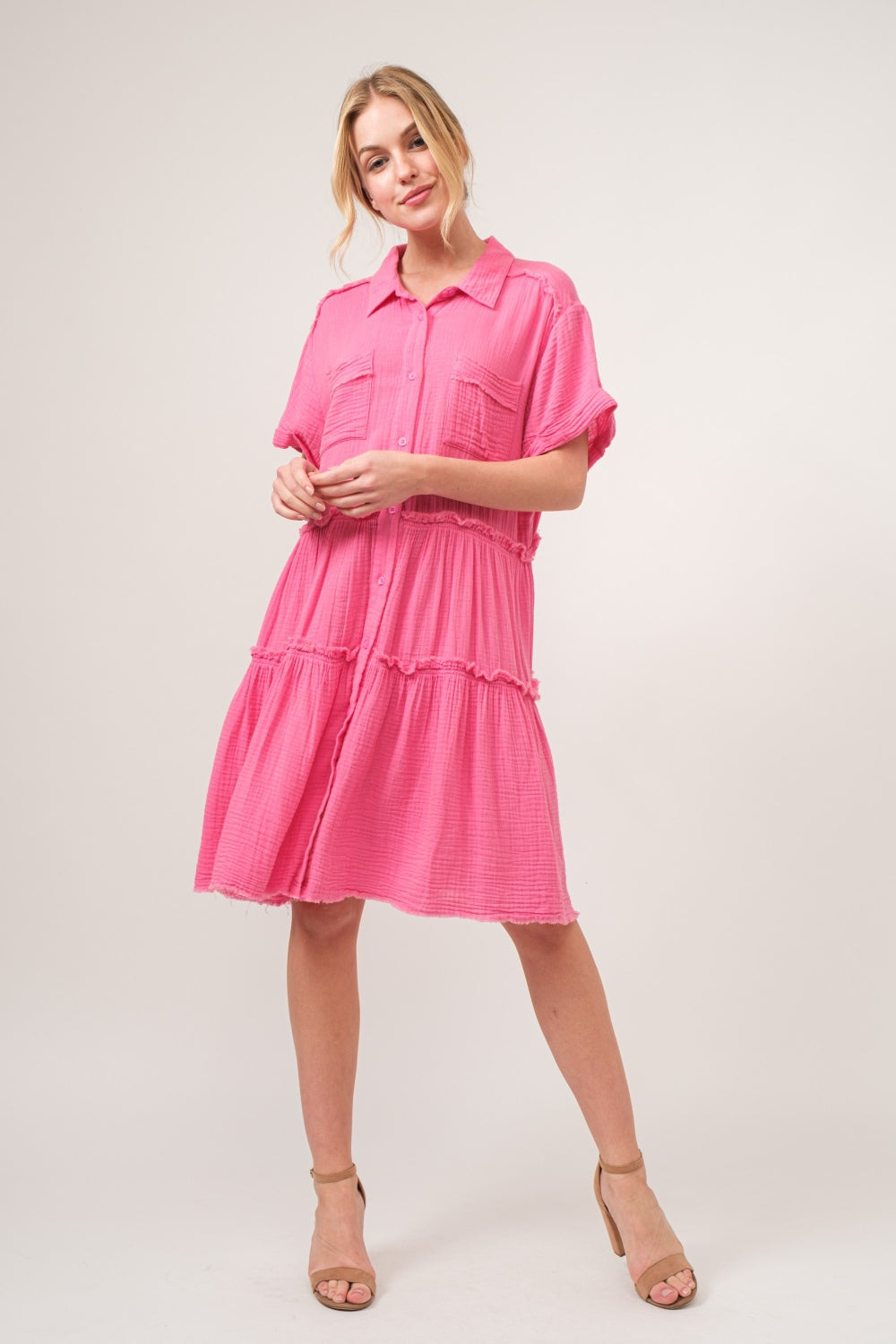 And The Why Full Size Raw Edge Washed Tiered Shirt Dress - Classique Collection