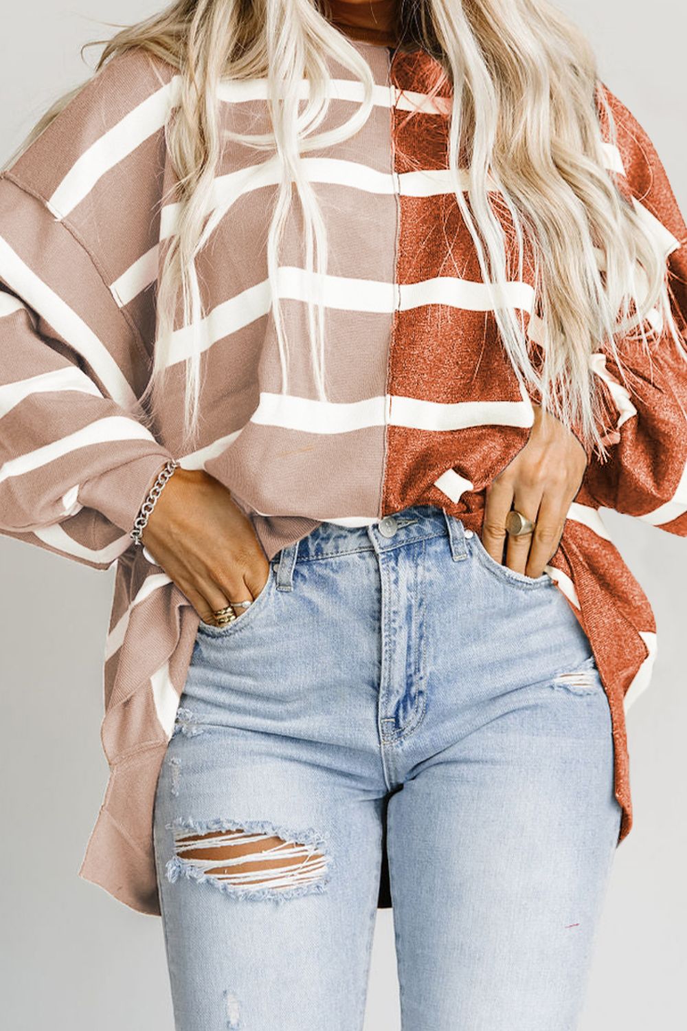 Striped Dropped Shoulder Round Neck Blouse - Classique Collection