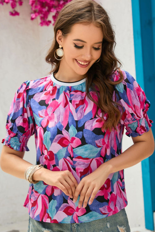 Floral Round Neck Puff Sleeve Top - ClassiQ