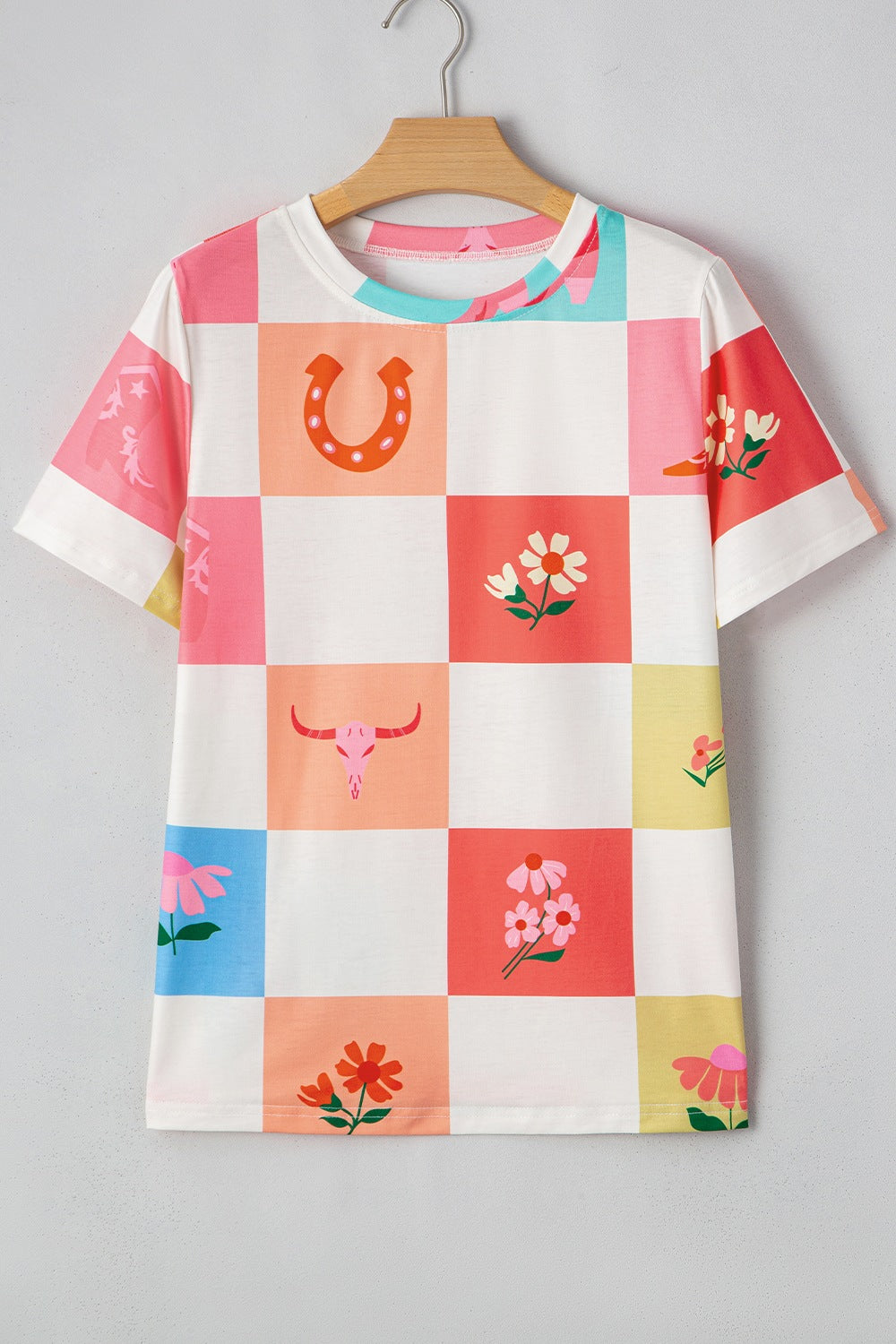 Checker Print Round Neck Short Sleeve T-Shirt - Classique Collection