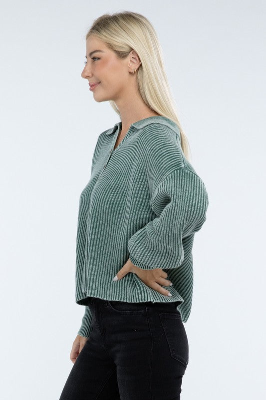 Washed Collared Henley Sweater - Classique Collection