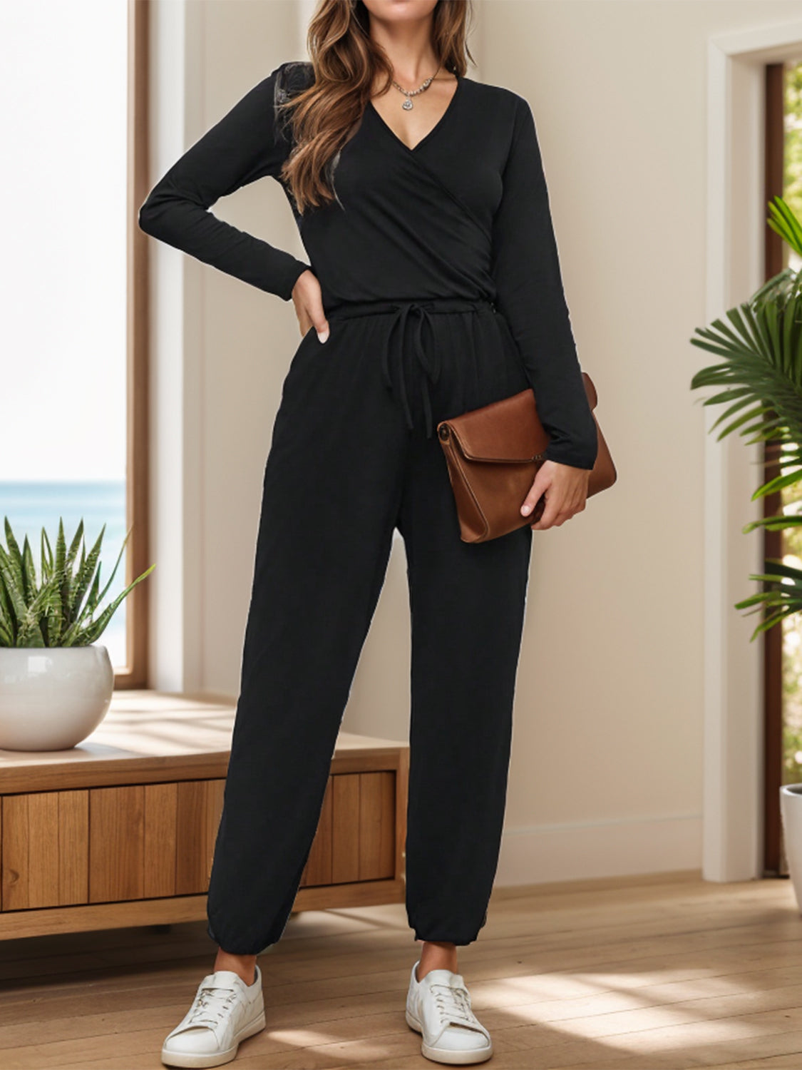 Surplice Tie Waist Long Sleeve Jumpsuit - ClassiQ