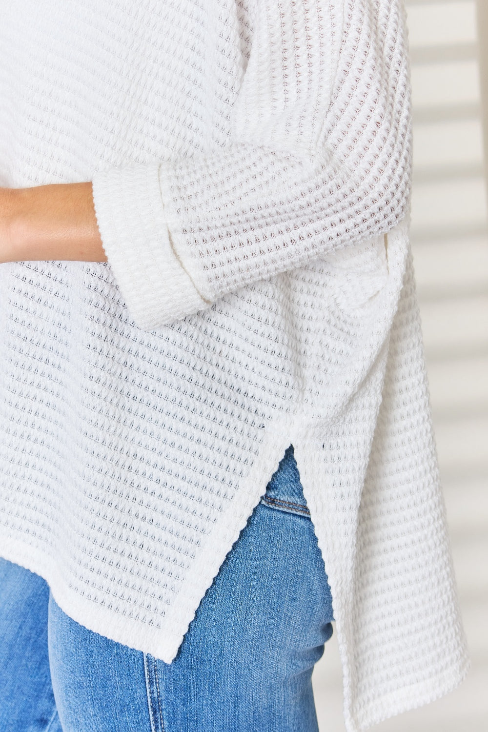 Zenana Full Size Waffle Knit V-Neck Long Sleeve Slit Top - Classique Collection