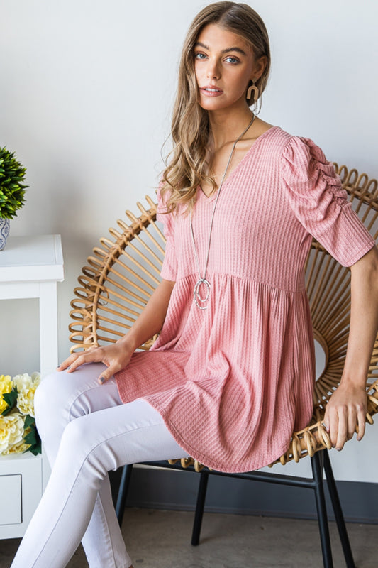 Heimish Full Size Waffle Knit V-Neck Babydoll Top - ClassiQ