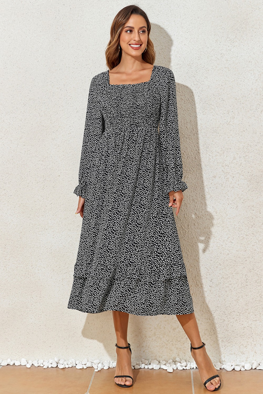 Printed Square Neck Long Sleeve Midi Dress - Classique Collection