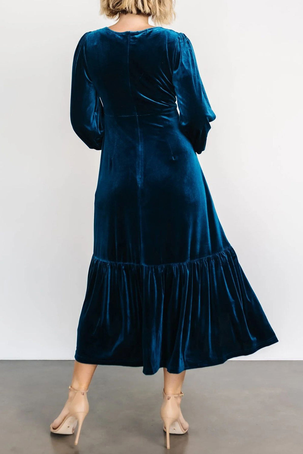 V-Neck Long Sleeve Midi Velvet Dress - Classique Collection