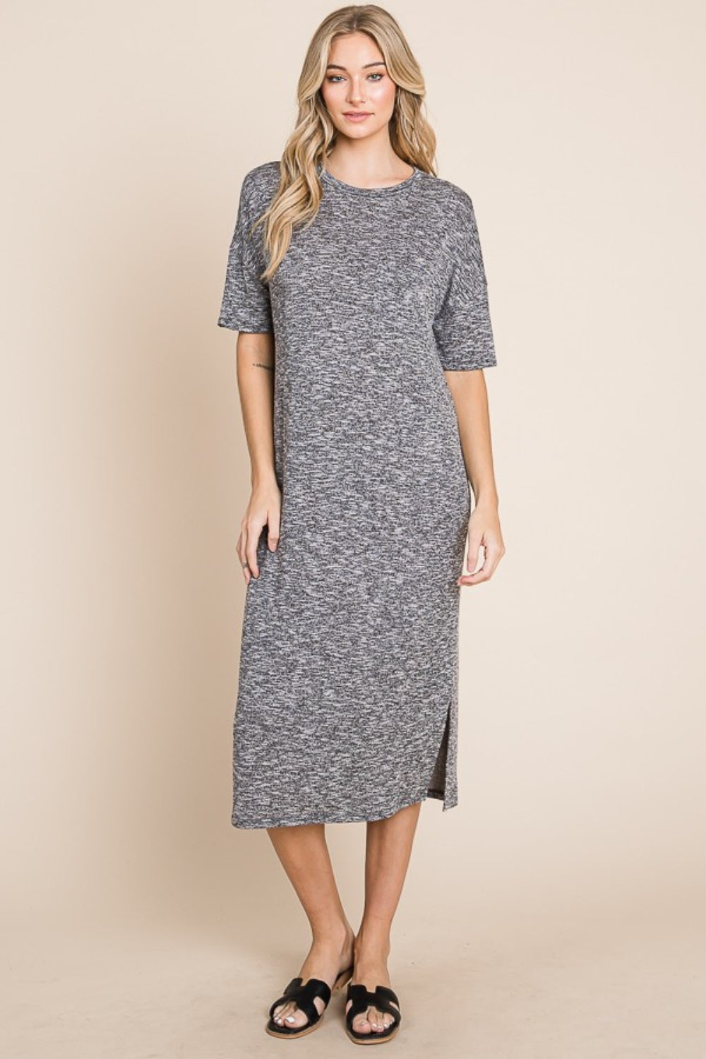 BOMBOM Slit Round Neck Half Sleeve Midi Dress - Classique Collection
