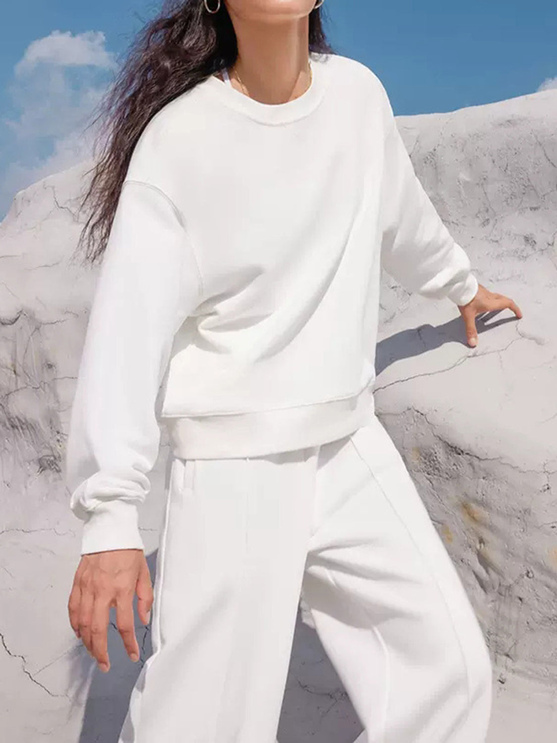 Round Neck Long Sleeve Top and Elastic Waist Pants Set - ClassiQ