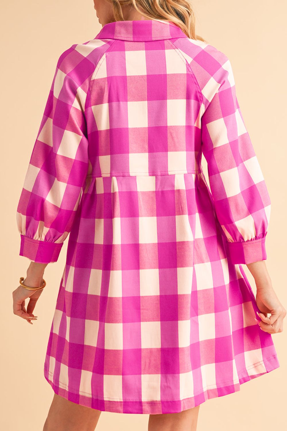 Ruched Plaid Three-Quarter Sleeve Shirt Dress - Classique Collection