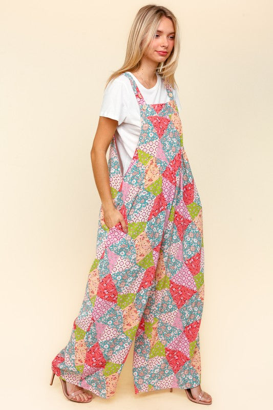 Haptics Full Size Printed Wide Leg Overalls with Side Pockets - Classique Collection