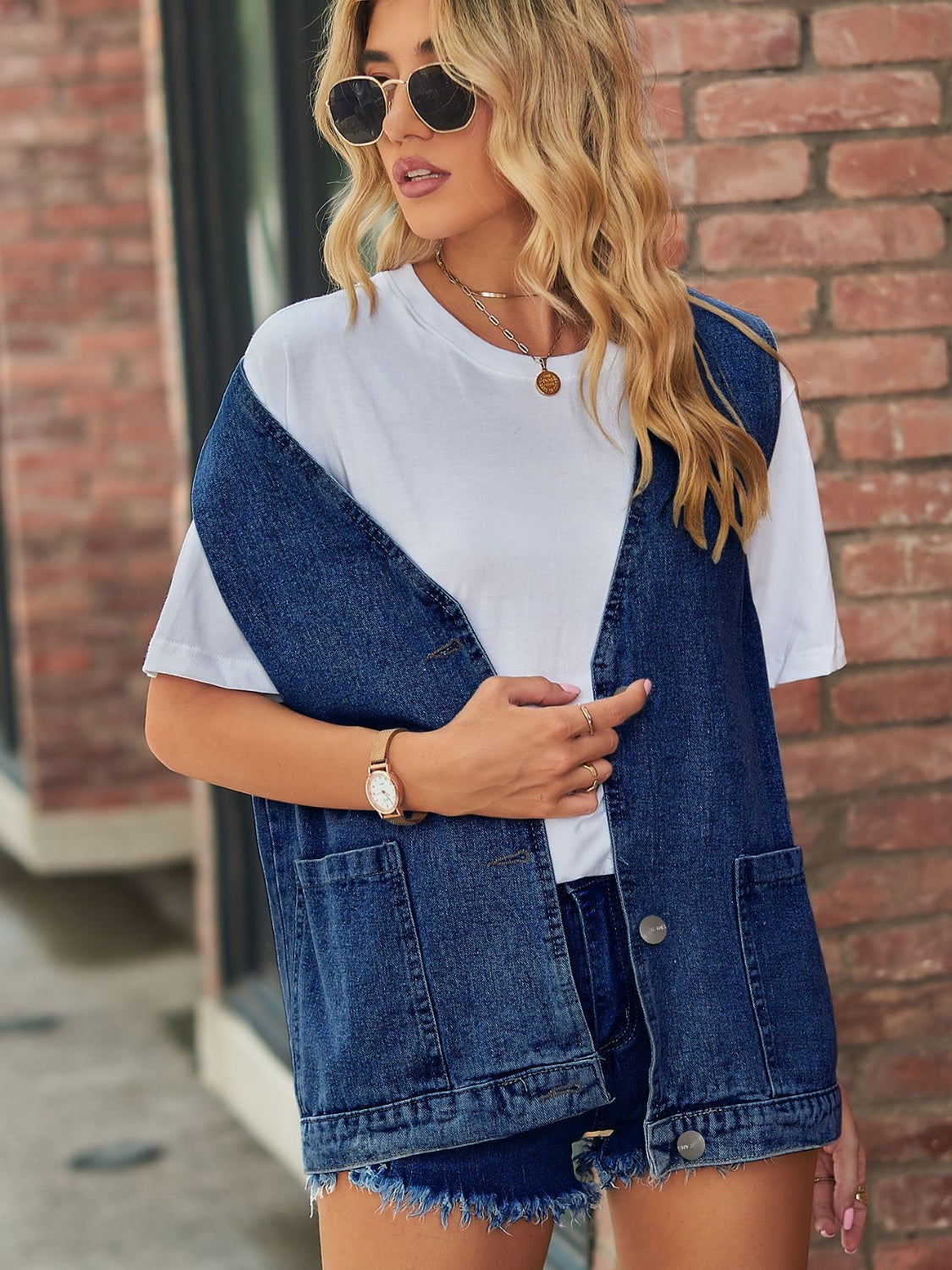 Full Size V-Neck Button Up Denim Vest - Classique Collection
