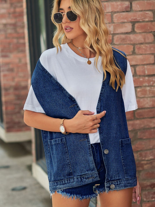 Full Size V-Neck Button Up Denim Vest - Classique Collection
