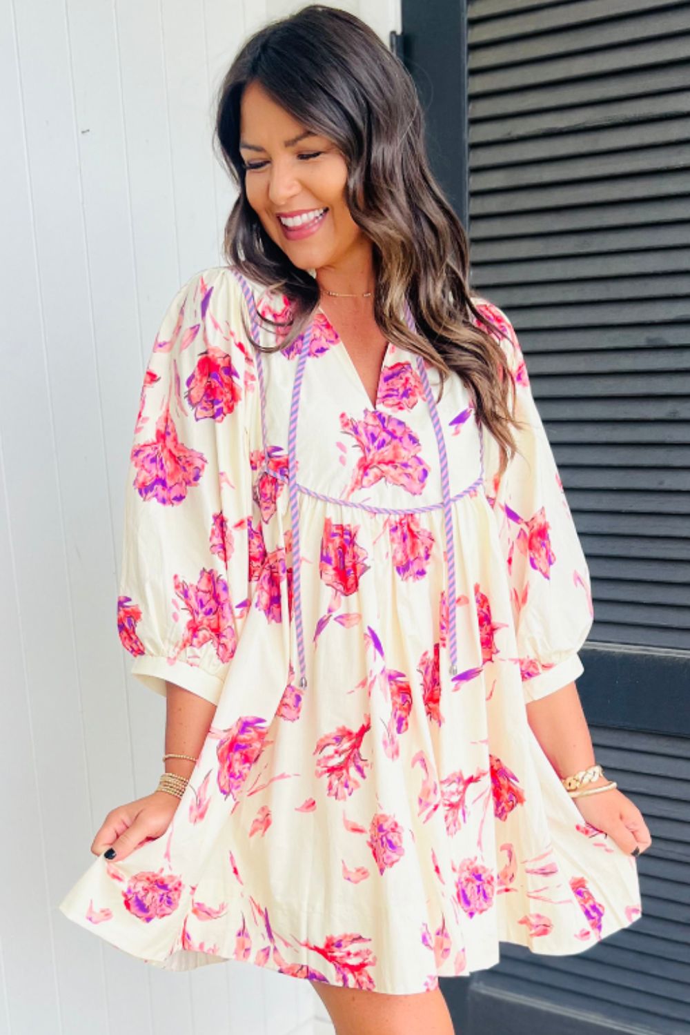 Tied Flower Printed Three-Quarter Sleeve Dress - Classique Collection