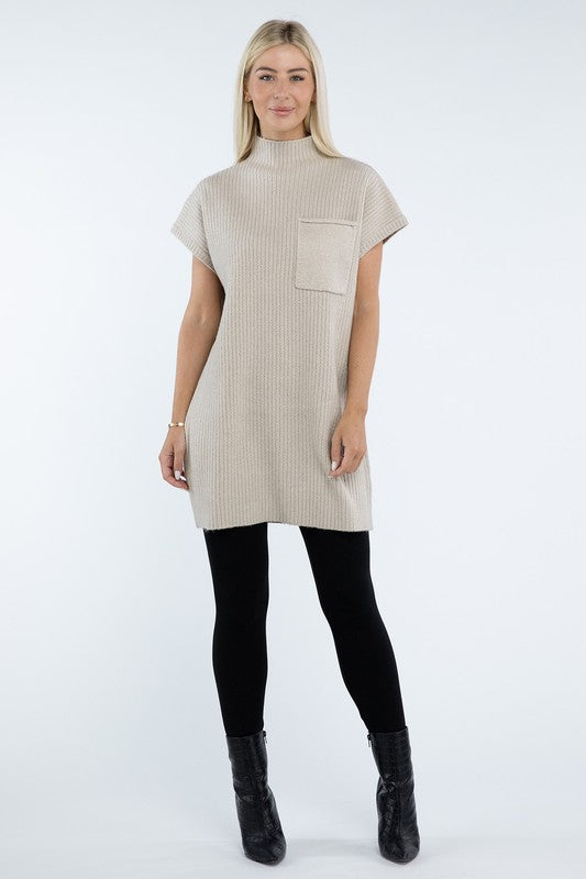 Mock Neck Short Sleeve Sweater Dress with Pocket - Classique Collection