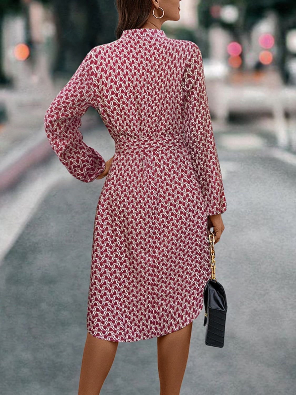 Tied Printed Notched Balloon Sleeve Dress - Classique Collection