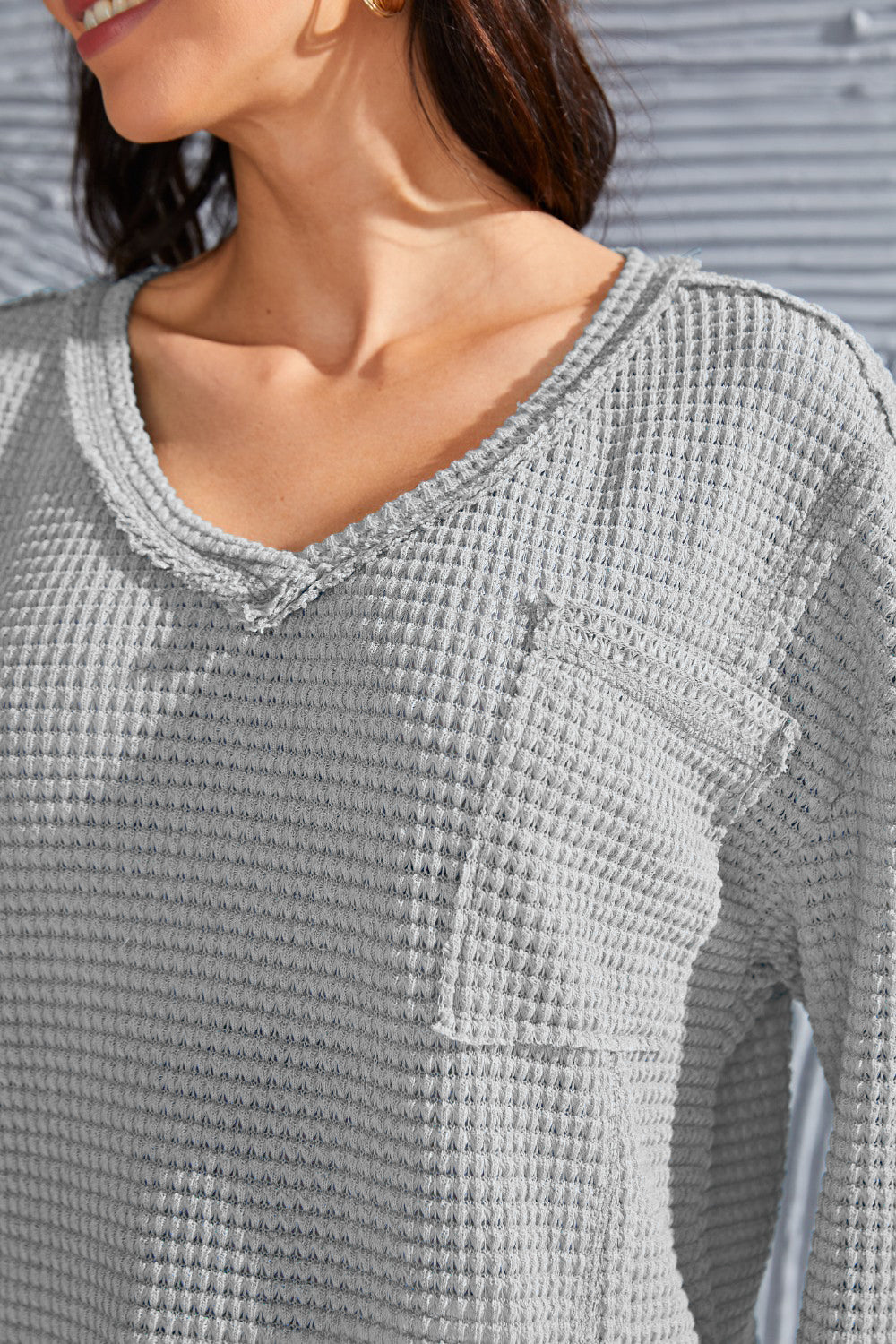 Waffle-Knit V-Neck Blouse with Breast Pocket - Classique Collection