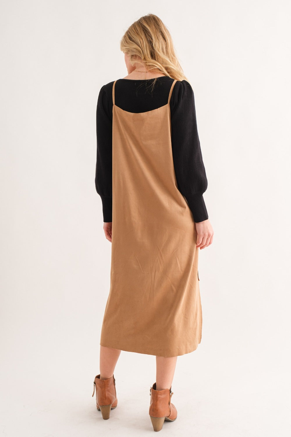And The Why Faux Suede Cut Edge Slit Cami Midi Dress - Classique Collection