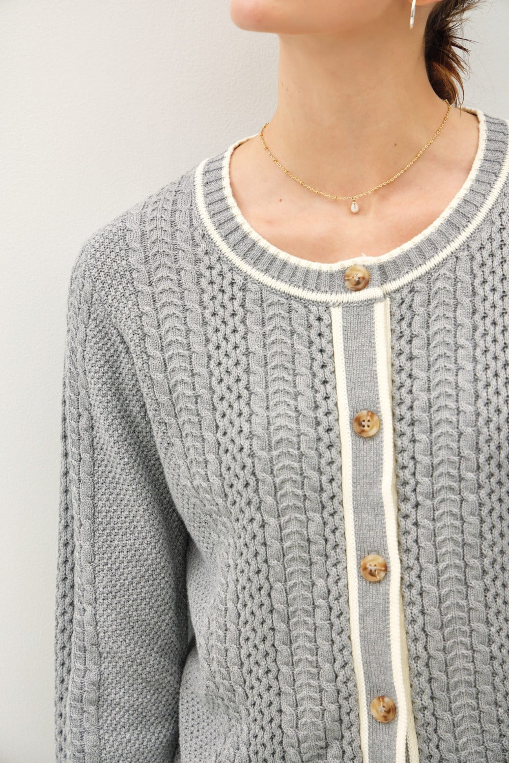 Be Cool Cable Knit Long Sleeve Contrast Edge Cardigan - Classique Collection