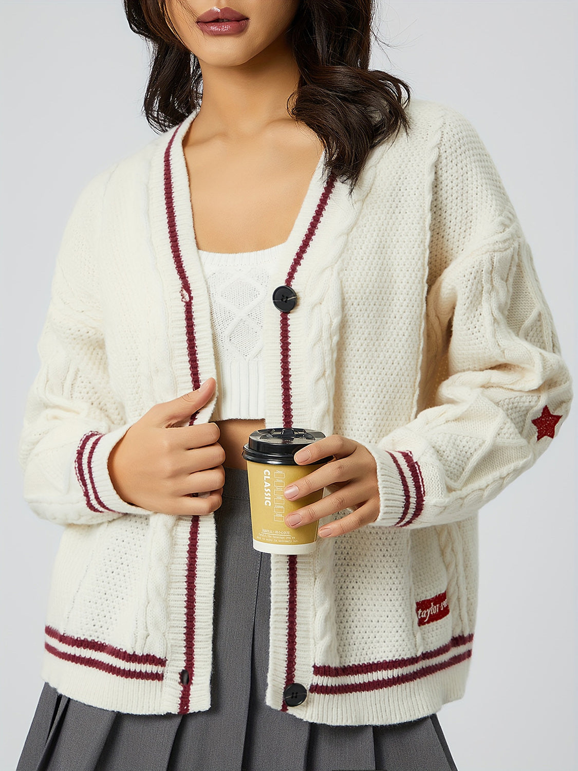 Star Embroidered V-Neck Long Sleeve Cardigan - ClassiQ