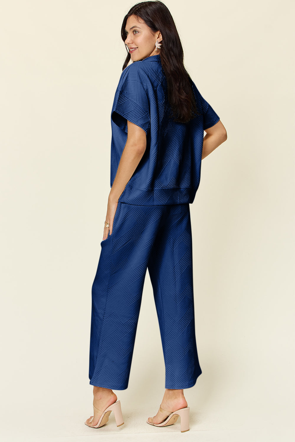 Double Take Full Size Texture Half Zip Short Sleeve Top and Pants Set - ClassiQ
