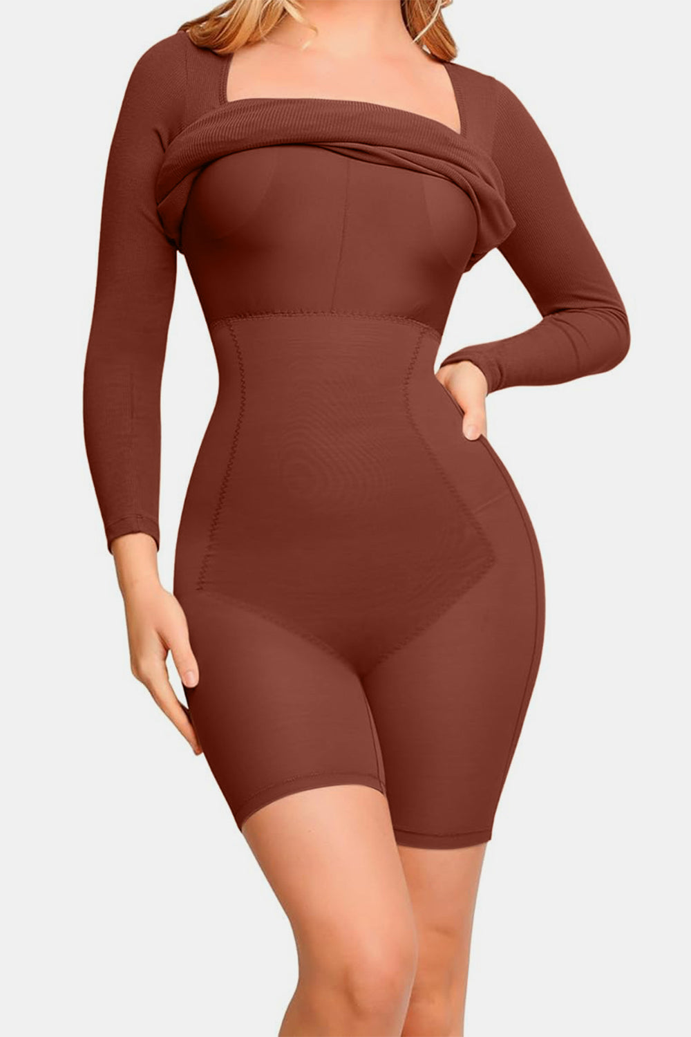 Basic Bae Full Size Built-In Shapewear Square Neck Long Sleeve Dress - Classique Collection