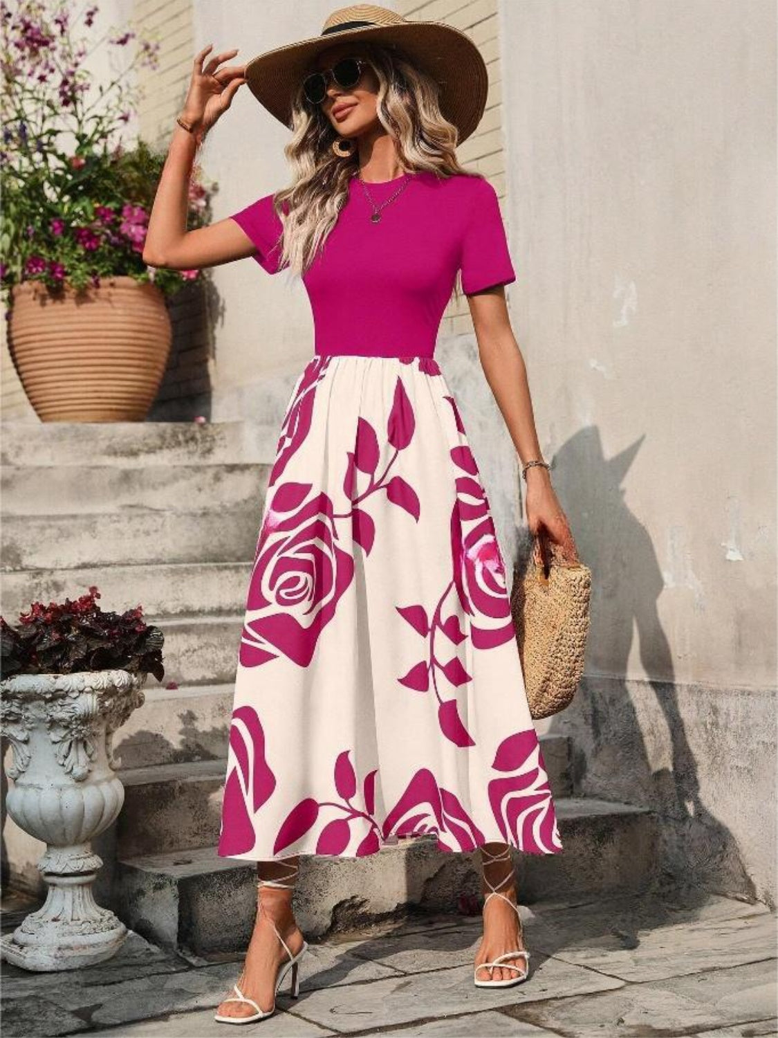 Rose Printed Round Neck Short Sleeve Dress - Classique Collection