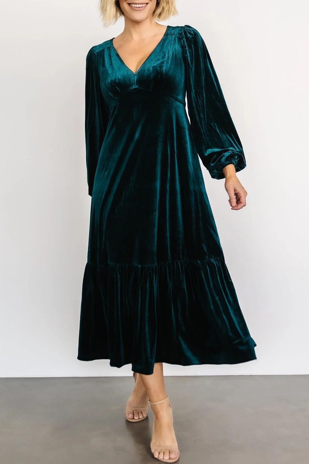 V-Neck Long Sleeve Midi Velvet Dress - Classique Collection