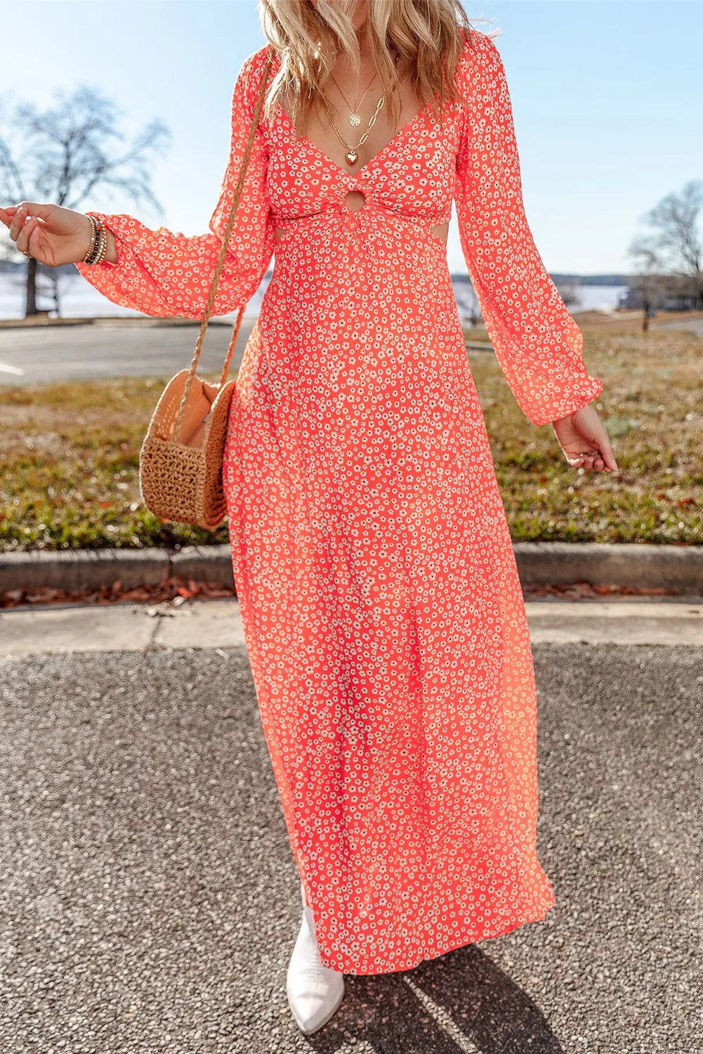 Printed V-Neck Long Sleeve Midi Dress - Classique Collection